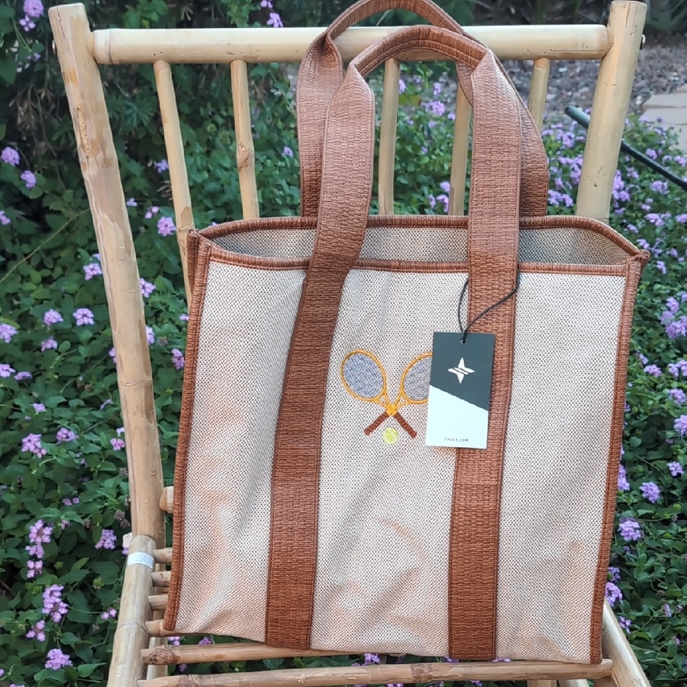 Brown and Cream Tote Bag with Tennis Racket Design